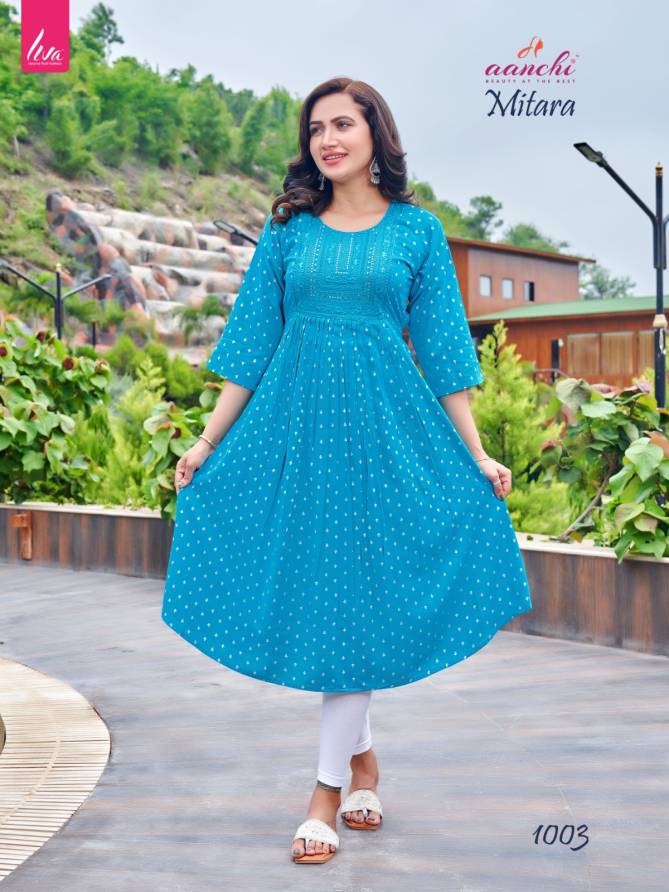 Mitara By Aanchi Rayon Embroidery Printed Kurtis Wholesale Market In Surat
